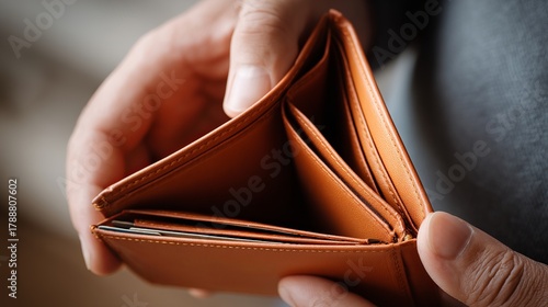 Struggling financially showing an empty brown leather wallet highlighting financial difficulties during inflation or recession times, money problems concept