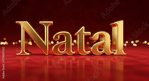 Letreiro 3D dourado “Natal” com fundo vermelho elegante e iluminação suave natalina