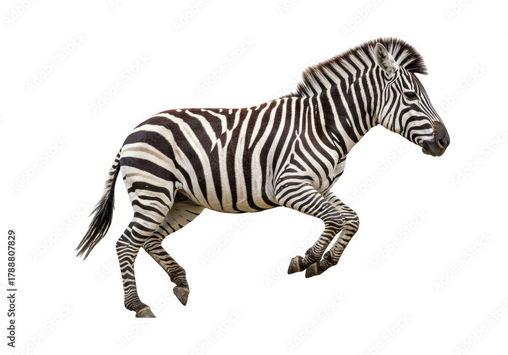 Obraz premium Running zebra PNG isolated on transparent background, wild animal with black and white stripes for design and educational use