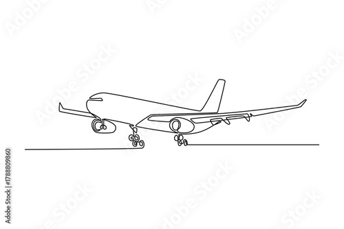 Aircraft landing. Landing and take off plane concept. Single line draw design. Vector graphic illustration