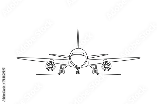 landing aircraft, front view. Landing and take off plane concept. Single line draw design. Vector graphic illustration