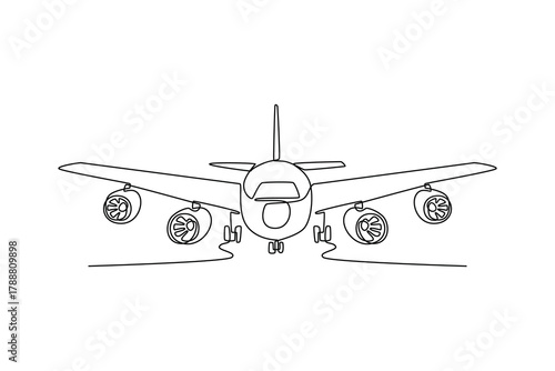 Front view Runway airplane. Landing and take off plane concept. Single line draw design. Vector graphic illustration