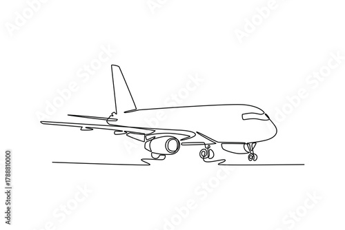 passenger aircraft. Landing and take off plane concept. Single line draw design. Vector graphic illustration
