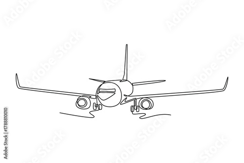 Passenger airplane landing to airport. Landing and take off plane concept. Single line draw design. Vector graphic illustration
