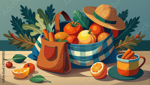 A stylish canvas bag packed with apples, oranges, and leafy greens sits near a wool hat, scarf, and gloves on a table, creating a homely and seasonal still-life composition
