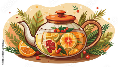 A clear teapot filled with apple, orange, and rosemary tea infusion, decorated with winter greenery and star anise. Isolated on transparent background, symbolizing warmth, freshness, and celebration