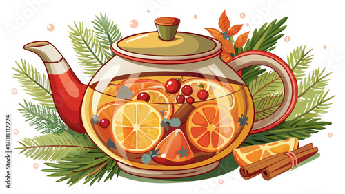 Elegant glass teapot filled with citrus slices, berries, and herbal tea, decorated with pine branches and cinnamon sticks. Isolated on transparent background, perfect festive winter drink concept