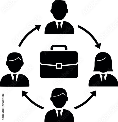 Teamwork editable vector icon black and white illustration of business people in a circle around a briefcase with arrows showing flow
