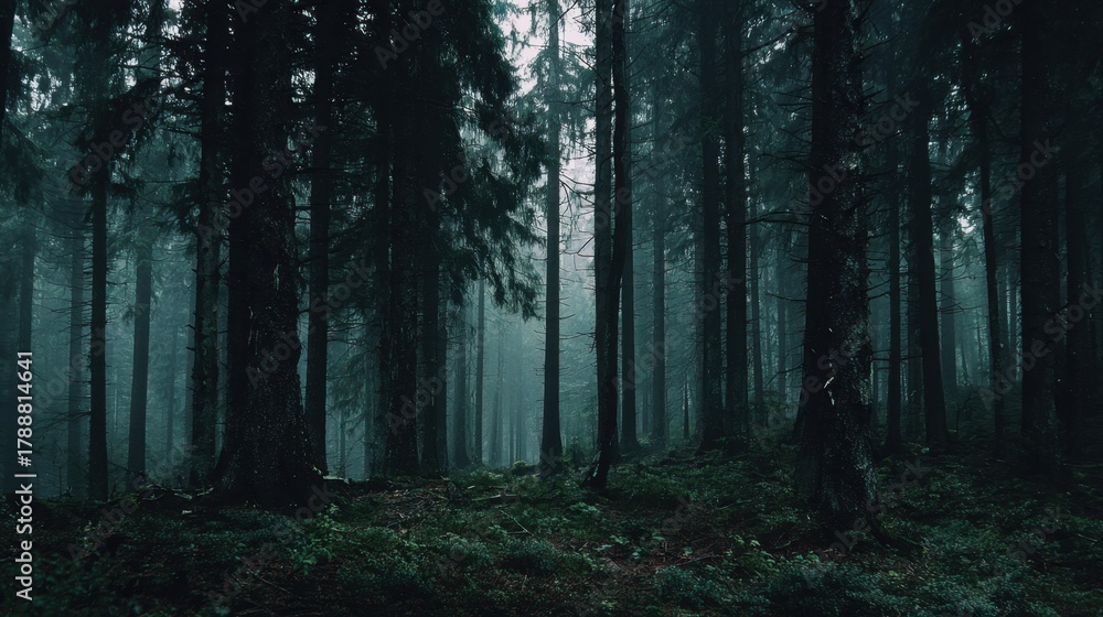Obraz premium Tall trees loom in a dense forest enveloped in soft mist creating an enchanting and tranquil atmosphere.