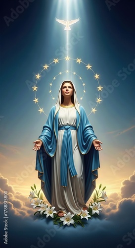 Blessed Virgin Mary stands serenely on soft clouds, with a glowing starlit halo and holy dove descending. A representation of purity, grace, and the Immaculate Conception.