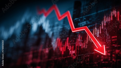 Dramatic red arrow plunges on a financial stock market graph showing a sharp decline, signaling economic recession and investment loss.