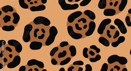 Flat vector seamless leopard skin pattern with organic rounded rosette spots on warm tan background. Solid bold colors, clean minimal shapes, no gradients. Perfect for textiles and surface design