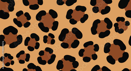 Flat vector seamless leopard skin pattern with organic rounded rosette spots on warm tan background. Solid bold colors, clean minimal shapes, no gradients. Perfect for textiles and surface design