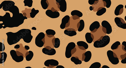 Flat vector seamless leopard skin pattern with organic rounded rosette spots on warm tan background. Solid bold colors, clean minimal shapes, no gradients. Perfect for textiles and surface design