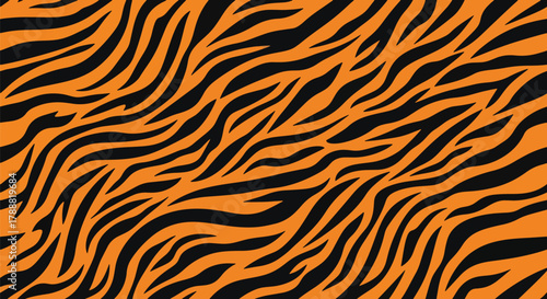 Flat vector seamless tiger stripe pattern using long flowing stripes in bold contrast. Solid warm orange and black colors, clean minimal shapes, no gradients. Ideal for textile and branding