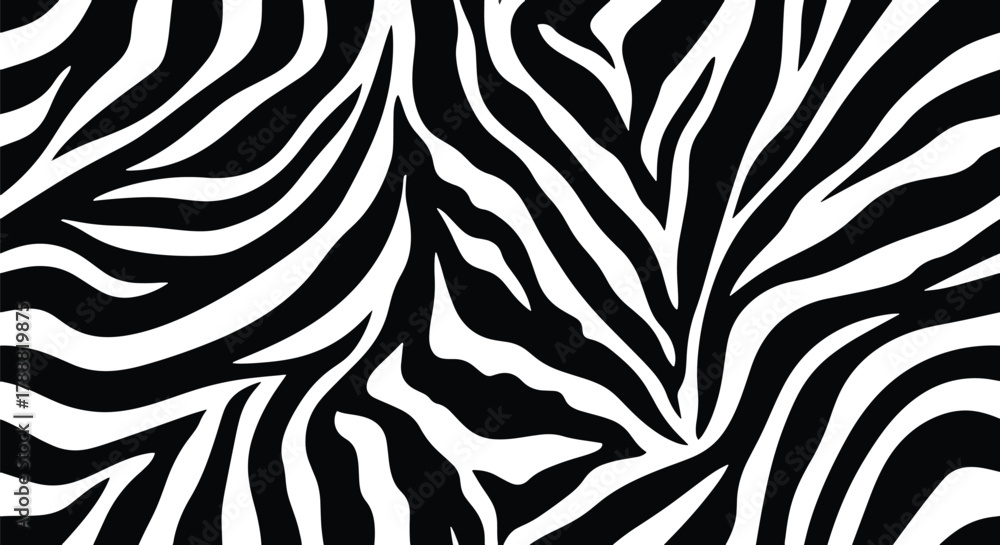 Fototapeta premium Flat vector seamless zebra pattern with high-contrast black and white curved stripe shapes. Solid fills, clean geometry, no gradients. Perfect for fashion prints and surface packaging
