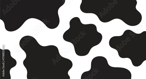 Flat vector cow skin pattern with large smooth shapes, bold black patches on white base. Solid colors, simple abstract pattern, no gradients, seamless repeat. Great for playful branding