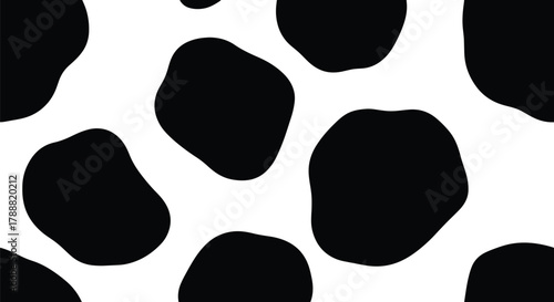 Flat vector cow skin pattern with large smooth shapes, bold black patches on white base. Solid colors, simple abstract pattern, no gradients, seamless repeat. Great for playful branding