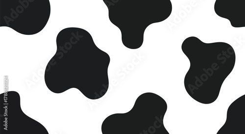 Flat vector cow skin pattern with large smooth shapes, bold black patches on white base. Solid colors, simple abstract pattern, no gradients, seamless repeat. Great for playful branding