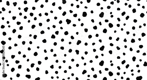 Flat vector dalmatian pattern with scattered soft round spots in irregular spacing. Solid black on white, clean minimal look, seamless repeat, no gradients. Perfect for cute packaging