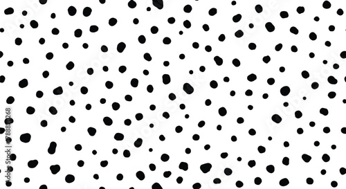 Flat vector dalmatian pattern with scattered soft round spots in irregular spacing. Solid black on white, clean minimal look, seamless repeat, no gradients. Perfect for cute packaging