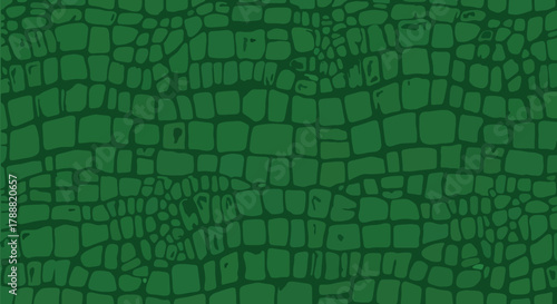 Flat vector crocodile pattern with irregular rectangular scale plates. Solid deep green palette, no gradients, seamless repeat. Perfect for nature and adventure branding