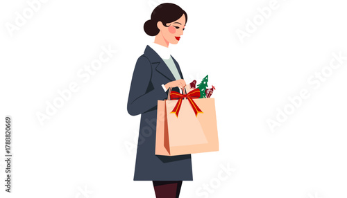 A woman holds a bag of Christmas gifts on a white background