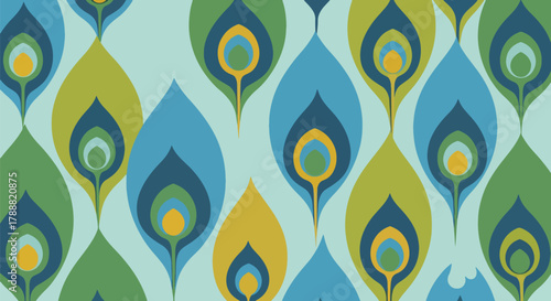 Flat vector peacock feather pattern using teardrop shapes and circular accent centers. Solid bold colors, no gradients, seamless repeat. Elegant and decorative nature theme