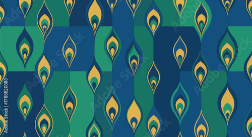 Flat vector peacock feather pattern using teardrop shapes and circular accent centers. Solid bold colors, no gradients, seamless repeat. Elegant and decorative nature theme