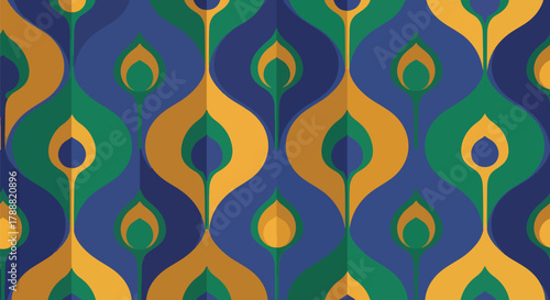 Flat vector peacock feather pattern using teardrop shapes and circular accent centers. Solid bold colors, no gradients, seamless repeat. Elegant and decorative nature theme