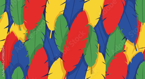 Flat vector parrot feather pattern with large overlapping feather shapes in solid bright tropical colors. Seamless repeat, no gradients, lively colorful design
