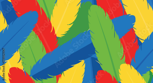 Flat vector parrot feather pattern with large overlapping feather shapes in solid bright tropical colors. Seamless repeat, no gradients, lively colorful design