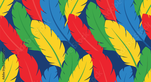 Flat vector parrot feather pattern with large overlapping feather shapes in solid bright tropical colors. Seamless repeat, no gradients, lively colorful design