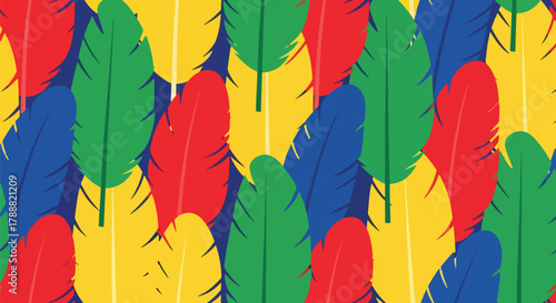 Flat vector parrot feather pattern with large overlapping feather shapes in solid bright tropical colors. Seamless repeat, no gradients, lively colorful design