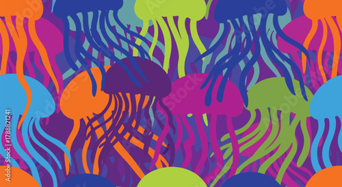 Flat vector jellyfish pattern using long flowing wave shapes representing tentacles. Soft pastel solid palette, smooth rhythm, seamless repeat, no gradients