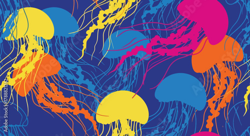 Flat vector jellyfish pattern using long flowing wave shapes representing tentacles. Soft pastel solid palette, smooth rhythm, seamless repeat, no gradients
