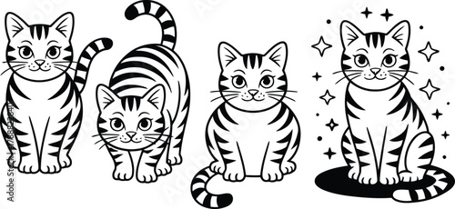 Four adorable tabby cats in various poses black and white line art illustration on white background