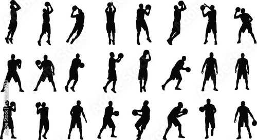 Basketball player silhouette set, athletes playing basketball, dunking, dribbling, and shooting action poses vector illustration