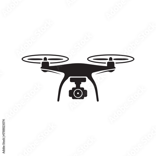 Drone Silhouette Icon with Camera – Modern Quadcopter Vector Symbol for Photography, Aerial Filming, and Technology Design.