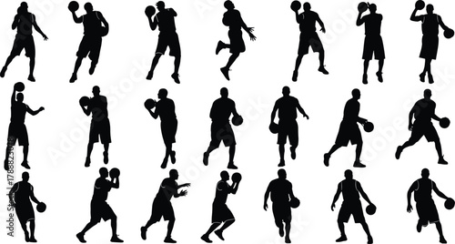 Basketball player silhouettes, athletes playing basketball, dribbling, dunking, and shooting action poses vector illustration design