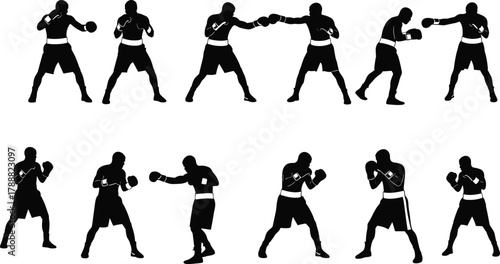 Boxer silhouette set, boxing training poses illustration, martial arts workout, athlete fighting stance vector design