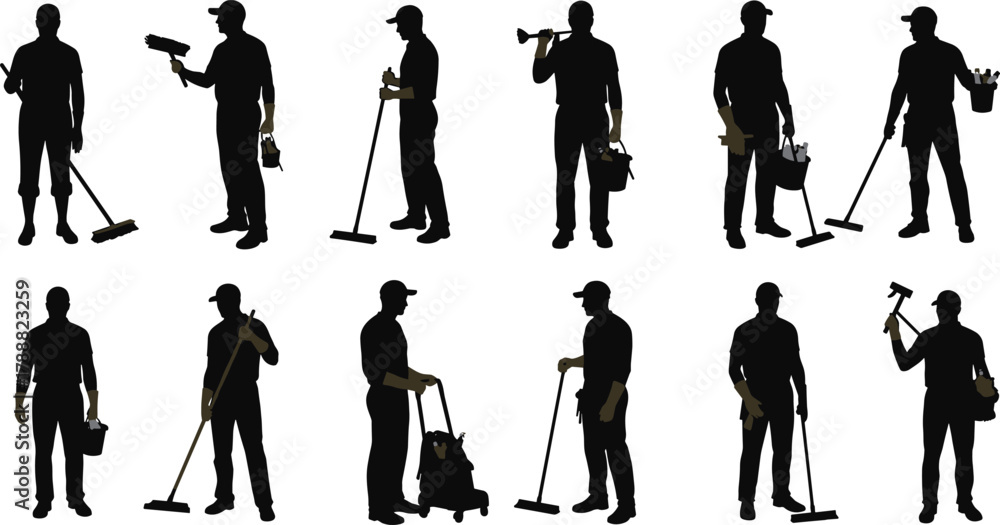 Obraz premium Cleaning worker silhouette set, janitor vector collection, maintenance staff, hygiene service, professional cleaner, labor occupation illustration