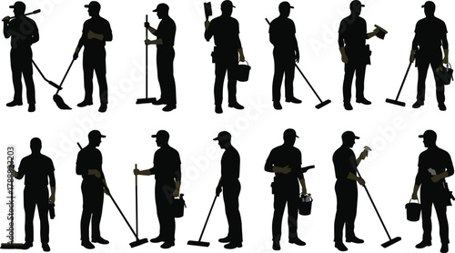 Cleaner silhouette set, janitor worker vector collection, maintenance staff, hygiene service, cleaning tools, labor occupation illustration