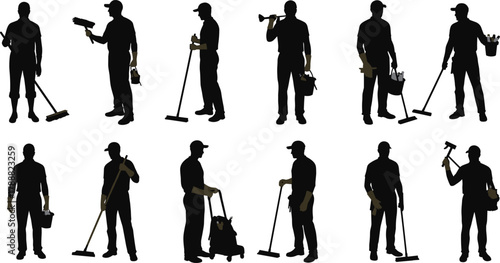 Cleaning worker silhouette set, janitor vector collection, maintenance staff, hygiene service, professional cleaner, labor occupation illustration
