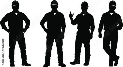 Construction worker silhouette set, engineer poses vector illustration, industrial safety, professional builder, teamwork concept art