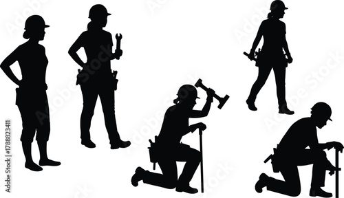 Female construction worker silhouette set, builder woman vector illustration, labor occupation, industrial tools, professional workforce design