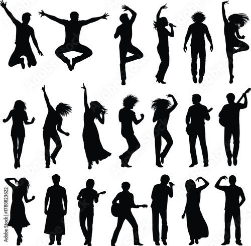 People dancing and performing silhouette set, music concert crowd illustration, energetic movement and party celebration vector