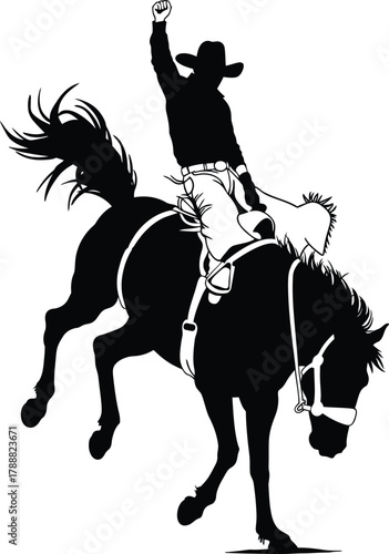 Black Silhouette of Cowboy Riding Bucking Horse Rodeo Vector Illustration Isolated on White Background