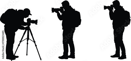 Photographer silhouette set, camera operator vector illustration, tripod shooting, travel photography, professional gear, creative photo design