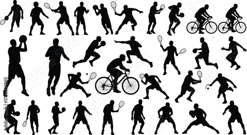 Sports silhouette set, athletes playing tennis basketball and cycling, active lifestyle fitness and physical activity vector
